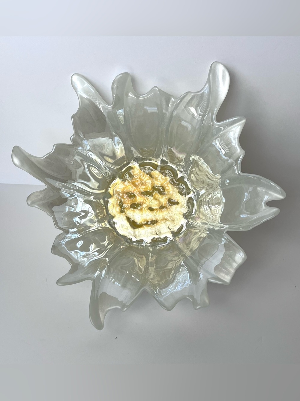 Vintage Akcam Turkish Art Glass Bowl Iridescent White Gold Sunflower 11.5”